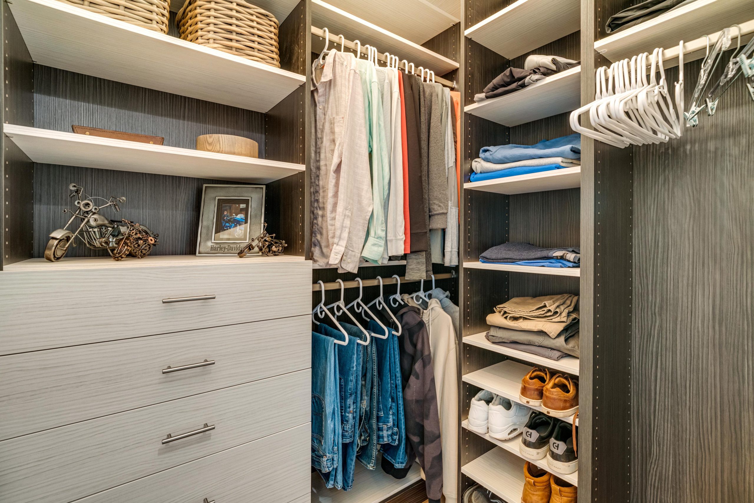 custom designed and built closet with drawers, shoe racks, and more in sarasota