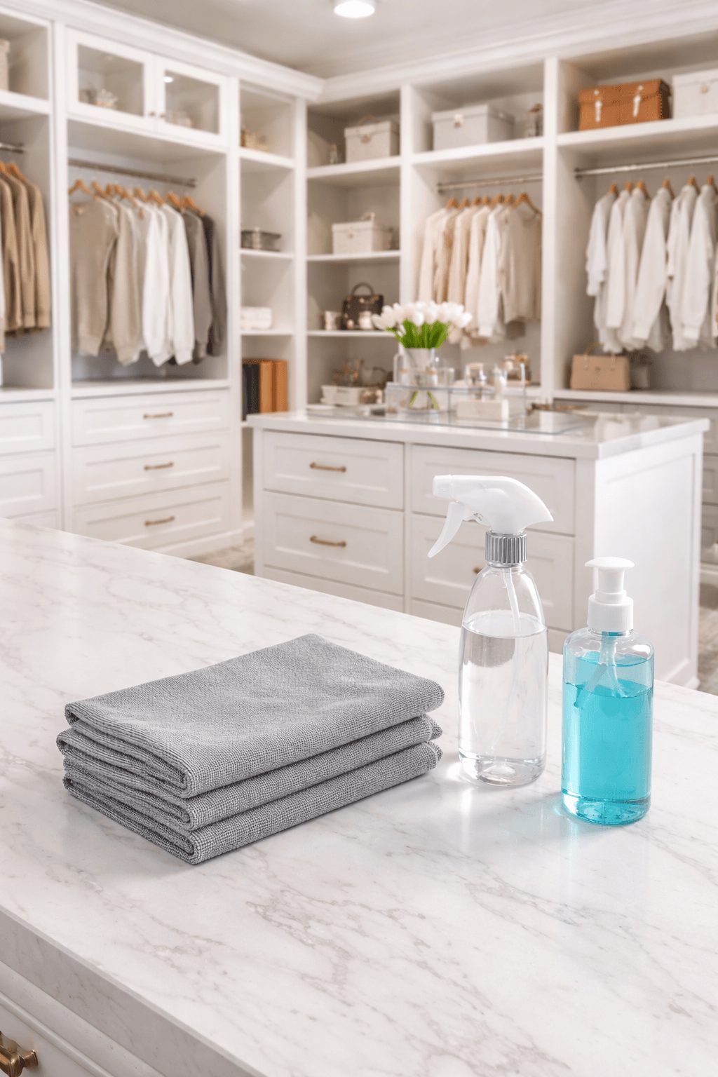 Organized custom closet with shelves and hanging rods