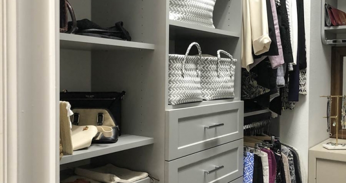 Keep your bedroom closet organized with our custom organizers and white melamine.
