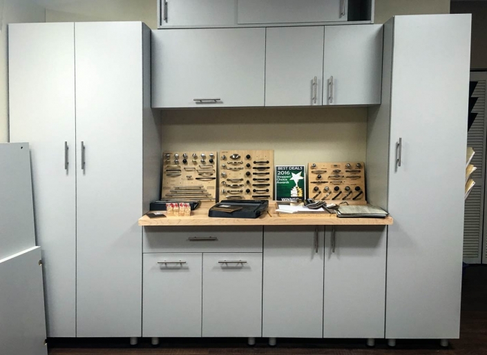 White melamine storage cabinets.