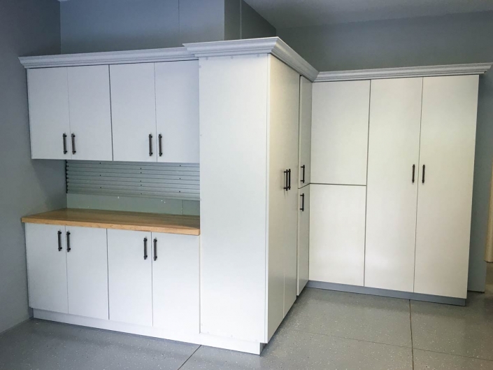 White melamine storage cabinets.